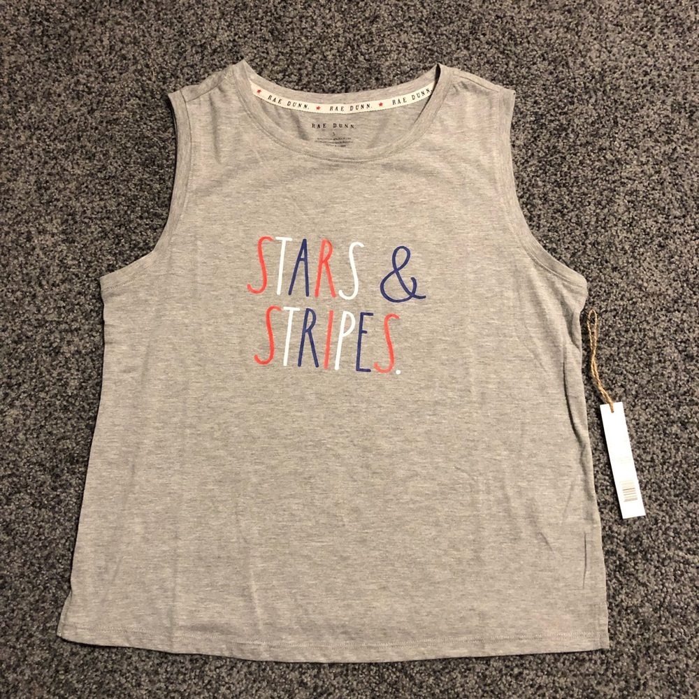 🌸4/$20🌸Rae Dunn "STARS & STRIPES" Tank Top Gray Small NWT